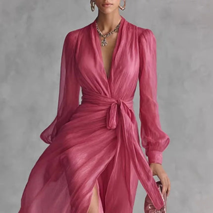 Deep V Neck Long Sleeve Maxi Dress — Wrap Tie Waist, High Slit