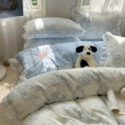 Korean Lace Ruffle Bedding Set | Soft Printed Duvet Cover & Sheets