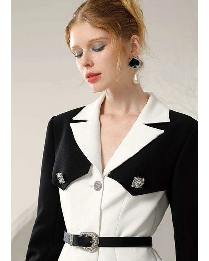 Chic Spring Black and White Business Suit Dress with Niche Waist Design