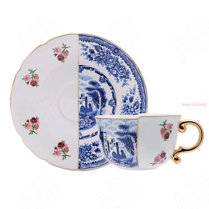 Retro Blue & White Rose Ceramic Mug — Gold Accent Irregular Design