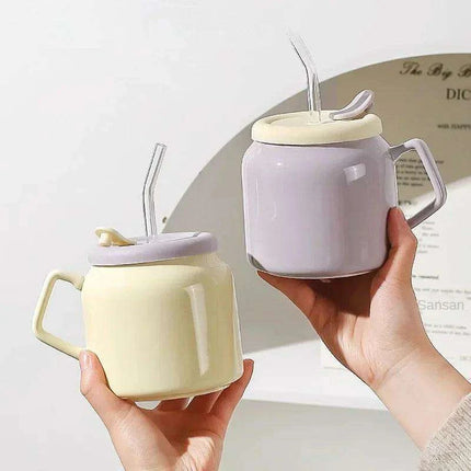 Charming Purple and Beige Ceramic Love Mug Set with Lid and Straw