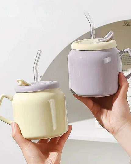 Charming Purple and Beige Ceramic Love Mug Set with Lid and Straw