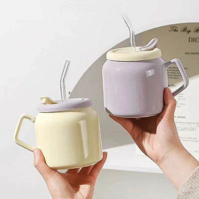 Charming Purple and Beige Ceramic Love Mug Set with Lid and Straw