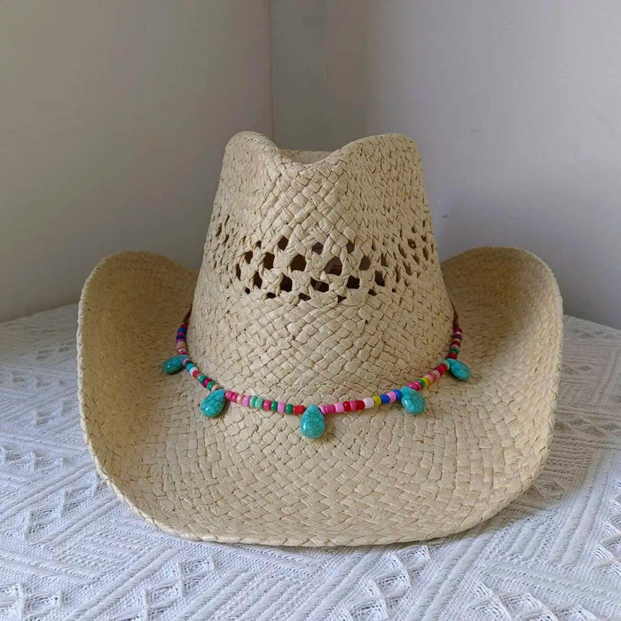 Rose Red Cowboy Straw Hat - Adjustable Wide Brim Sun Hat for All Seasons