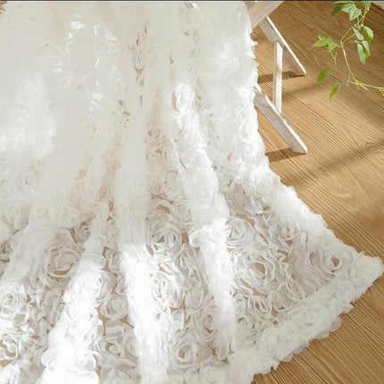 3D Rose Embroidery Sheer Voile Curtain – White & Pink, Custom Size