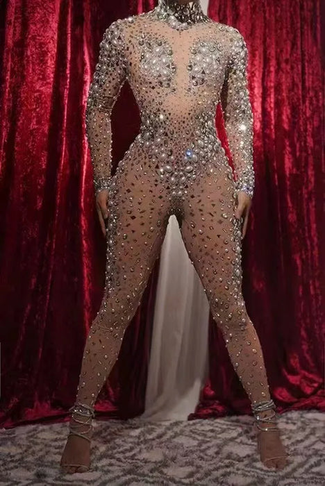 Glamorous Big Pearls Rhinestones Transparent Jumpsuit: Shine on Stage