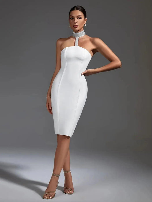 Sculpted Elegance: White Halter Neck Bodycon Dress for Unforgettable Evenings