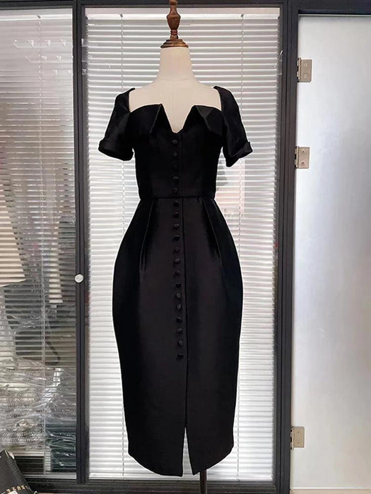 Square Neck Button-Front Short Sleeve Dress