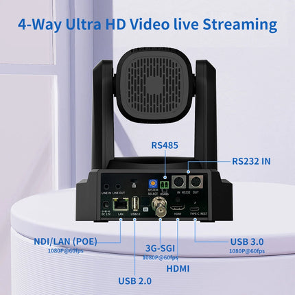 4K PTZ Camera with AI Auto Tracking — 12X/20X Optical Zoom, NDI, PoE, HDMI/SDI/USB/IP Live Streaming