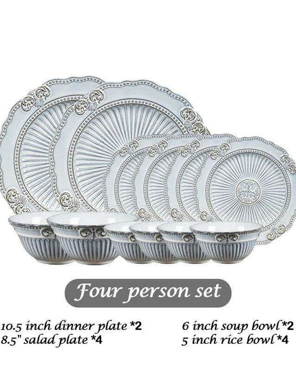 Vintage Baroque Embossed Ceramic Plate Collection - Set of 4 for Elegant Dining