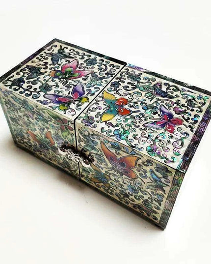 Opulent Mother of Pearl Jewelry Organizer with Butterfly and Peony Design - 4 Spacious Drawers