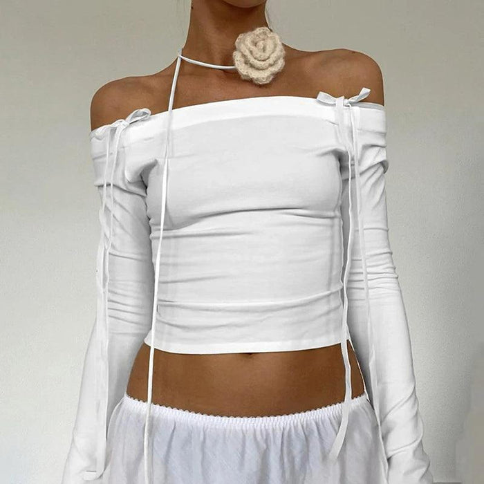 Graceful White Bow Detail Off-Shoulder Crop Tops