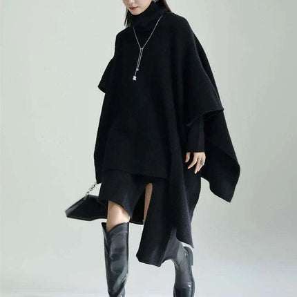 Trendy Women's Asymmetrical Gray Knit Turtleneck Dress - Loose Long Sleeve for Spring & Autumn 2024