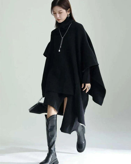 Trendy Women's Asymmetrical Gray Knit Turtleneck Dress - Loose Long Sleeve for Spring & Autumn 2024