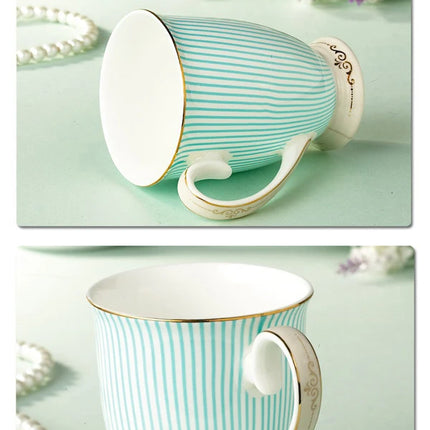 Bone China Tea Cup with Gold Accents — Blue Stripe Porcelain