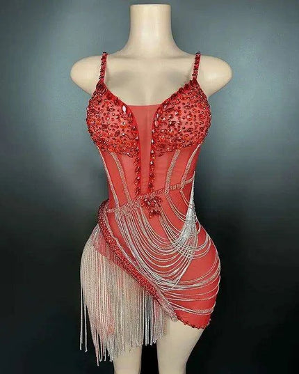 Sparkling Black Rhinestone Mini Dress with Playful Fringe