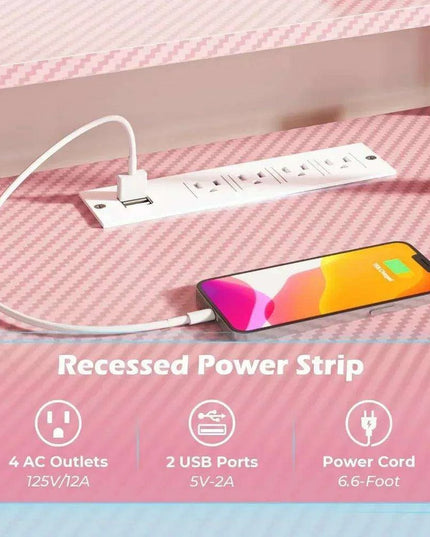 Pink Carbon Fiber L-Shaped Gaming Desk with Custom LED Ambiance, Power Ports, and Ample Storage