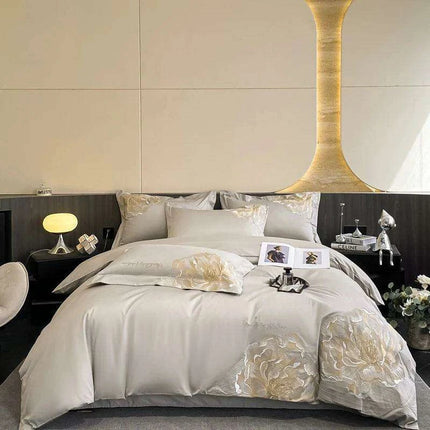 Elegant Floral Embroidery Cotton Bedding Collection - 4-Piece Duvet Cover Set with Sheets and Pillowcases in Soft Pink, Gray, and Blue