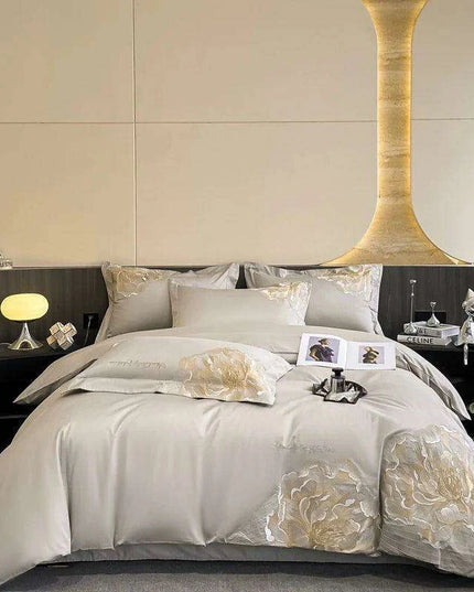 Elegant Floral Embroidery Cotton Bedding Collection - 4-Piece Duvet Cover Set with Sheets and Pillowcases in Soft Pink, Gray, and Blue