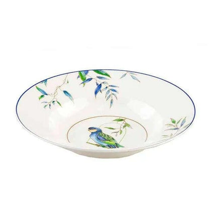 Colorful Parrot-Themed Porcelain Dining Collection: Bowl, Cup, Saucer, and Serving Tray