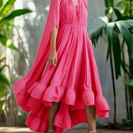 Stylish High Waist Patchwork A-Line Dress for Women - Chic V-Neck, Sleeveless, and Unique Irregular Hem