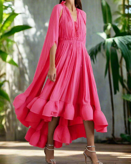 Stylish High Waist Patchwork A-Line Dress for Women - Chic V-Neck, Sleeveless, and Unique Irregular Hem