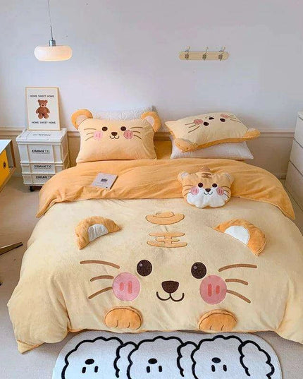 Adorable Cartoon Tiger Plush Kids Bedding Set - Cozy Winter Duvet Cover, Fleece Bed Sheet & Pillowcases