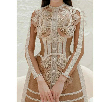 Elegant Vintage Lace Patchwork Runway Dress with Mesh Sleeves for Women