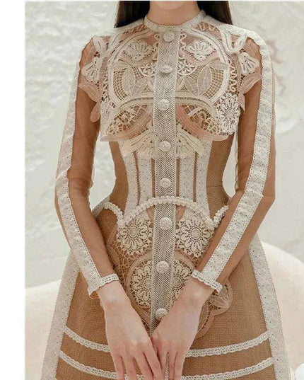 Elegant Vintage Lace Patchwork Runway Dress with Mesh Sleeves for Women