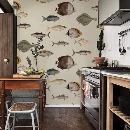 Removable Vintage Fish Pattern Wallpaper – Peel & Stick, Non-Woven