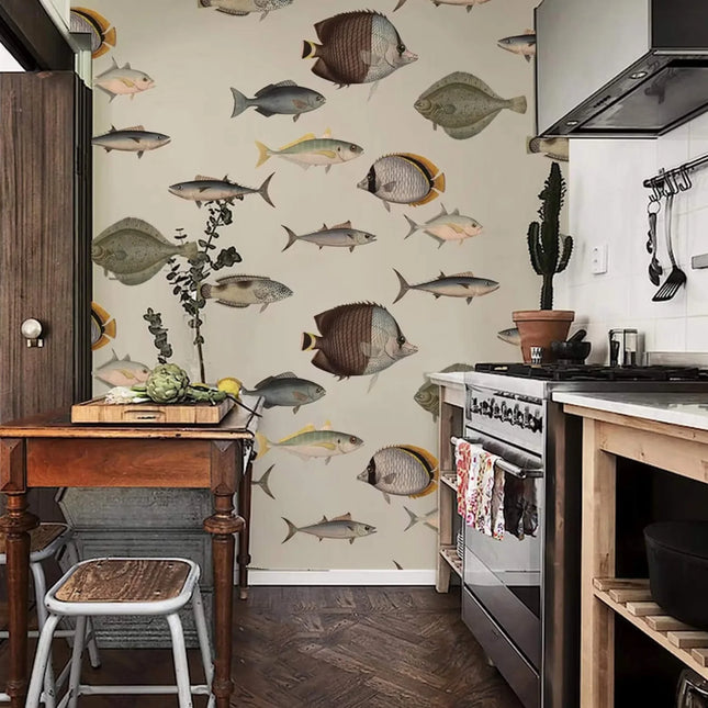 Removable Vintage Fish Pattern Wallpaper – Peel & Stick, Non-Woven