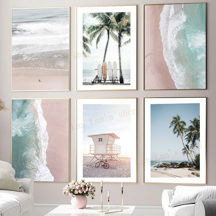 Pink Sand Beach and Palm Trees Poster Print - Coastal Home Decoration Piece