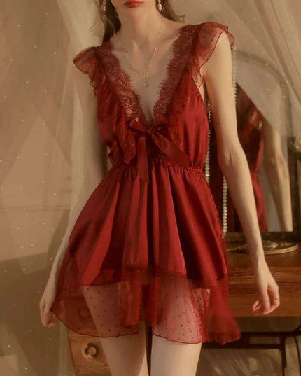 Elegant French Lace Chemise Nightgown for Women - Soft V-neck Sleepwear