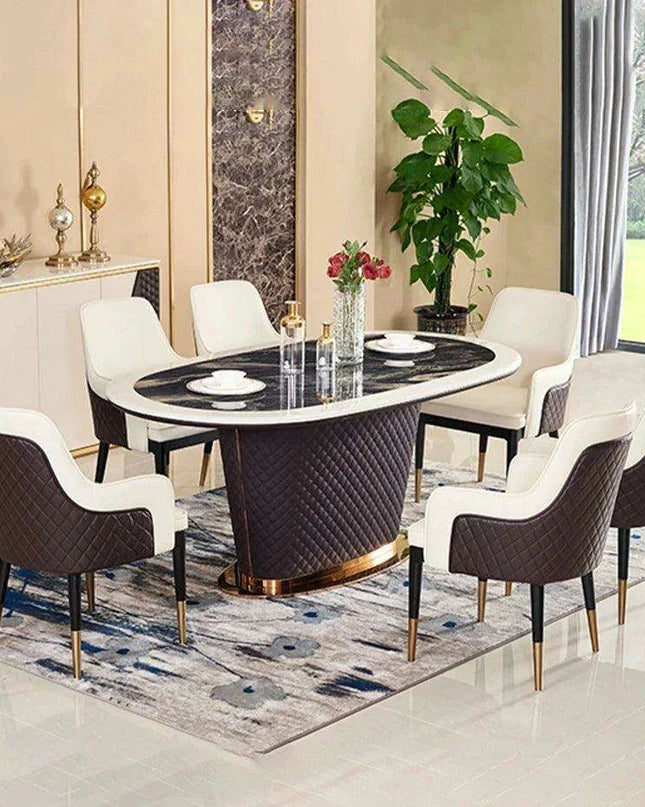 Genuine Leather Chairs & Elegant Marble Table with Stainless Steel Accents