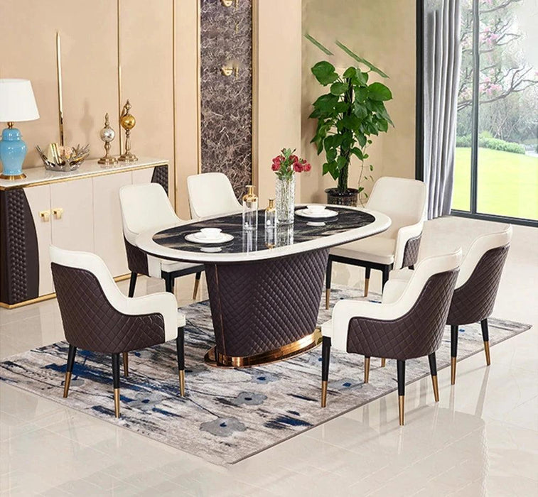 Genuine Leather Chairs & Elegant Marble Table with Stainless Steel Accents