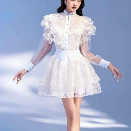 Elegant Pearl Flower Lace High Waist Mesh Dress with Stand Collar for Women