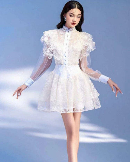 Elegant Pearl Flower Lace High Waist Mesh Dress with Stand Collar for Women