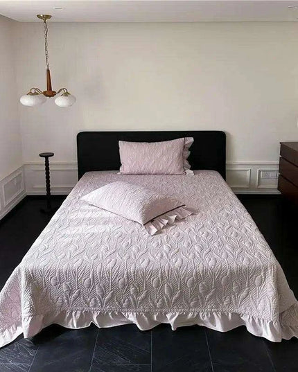 Queen Size 3-Piece Quilted Bedspread Set with Tree Leaves Motif and Pleated Trim - Soft Cotton Comfort