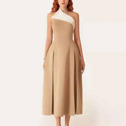 Stylish Backless Halter Neck Pleated Summer Dress with Contrast Color Patchwork for Women - 2024 Party Collection