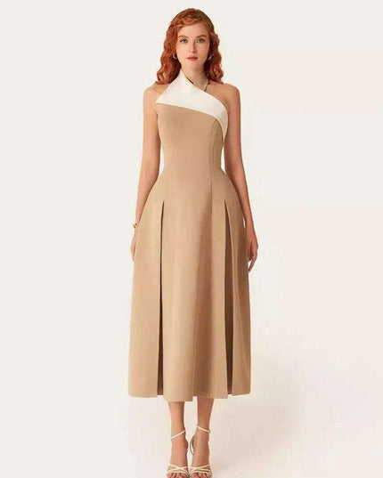 Stylish Backless Halter Neck Pleated Summer Dress with Contrast Color Patchwork for Women - 2024 Party Collection