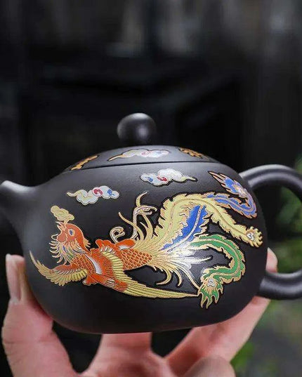 Mystical Heat-Responsive Purple Clay Teapot with Dragon and Phoenix Motif