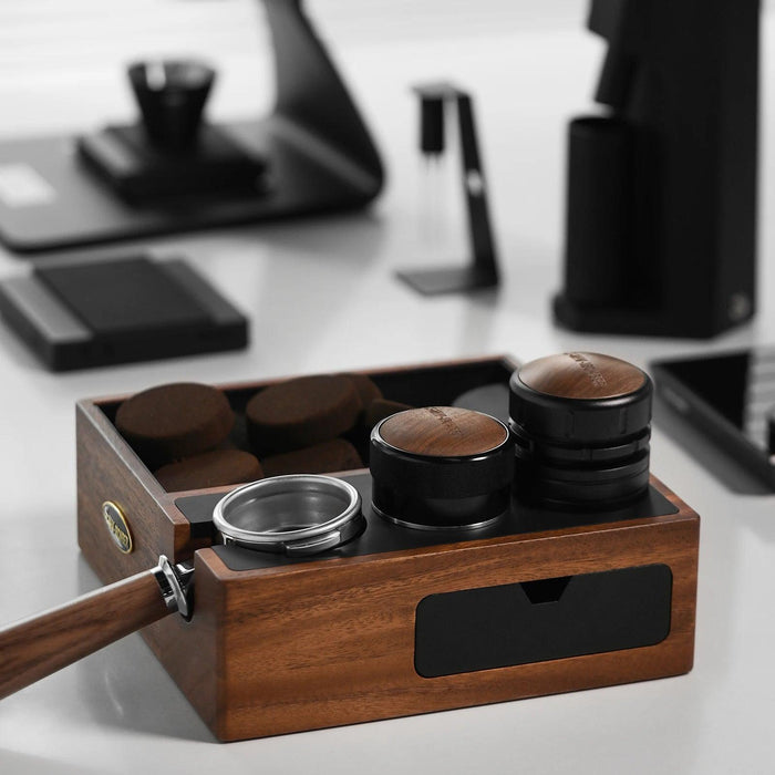 Espresso Knock Box Organizer with Integrated Tamping Station Mat - Essential Storage for Baristas