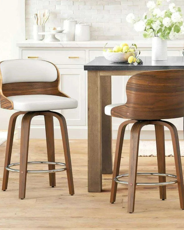 Elegant Mid-Century Walnut Swivel Counter Stools with Faux Leather Seat - 26 Inch Height