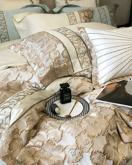 Exquisite Gold Jacquard Floral Duvet Cover Set - 1200TC Egyptian Cotton Bedding with Pillowcases