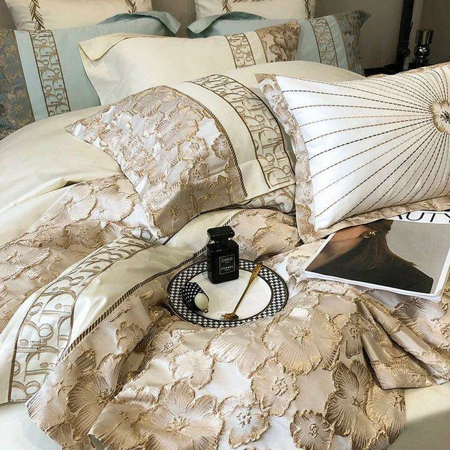 Exquisite Gold Jacquard Floral Duvet Cover Set - 1200TC Egyptian Cotton Bedding with Pillowcases