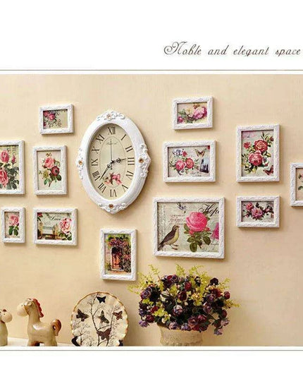 Elegant European-Inspired Wall Art Set with Clock and Picture Frames
