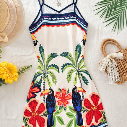 Phoebe Wear Tropical Print Spaghetti Strap Vacation Dress, Lightweight