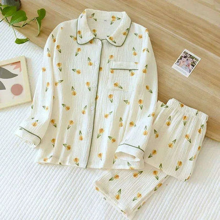 Japanese Crepe Cotton Women's Long Sleeve Pajama Set - Luxurious Sleepwear for Ladies