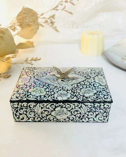 Artisan Mother of Pearl Crane Keepsake Box with Wooden Accents