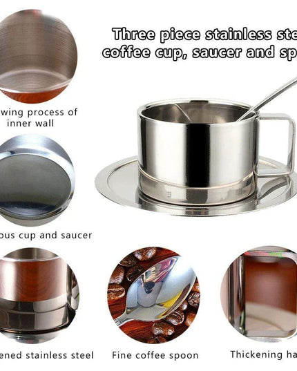 Elegant Double-Walled Stainless Steel Coffee Cup Set with Saucer and Spoon - Perfect Gift for Coffee Lovers